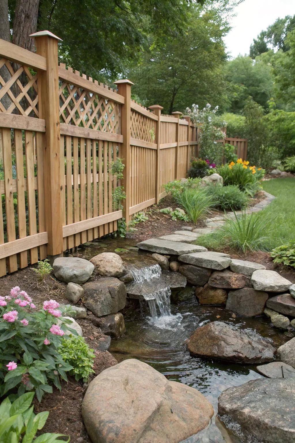 A water feature adding a soothing sound to a garden fence.