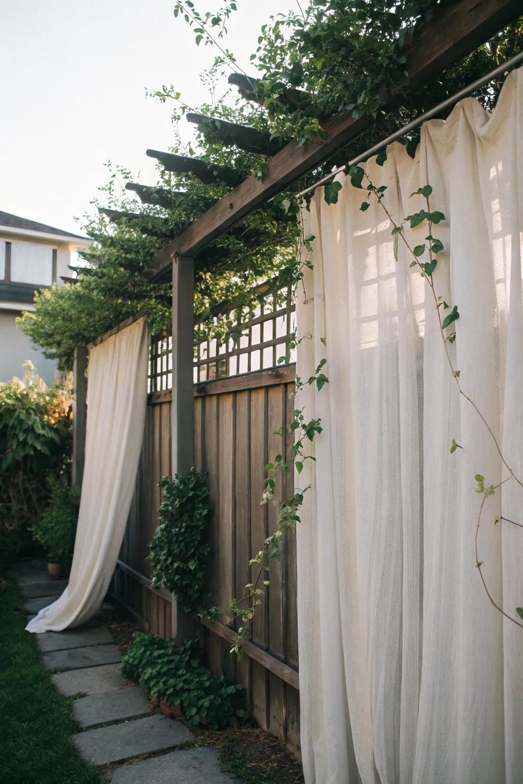 Privacy curtains on a trellis create a secluded garden nook.