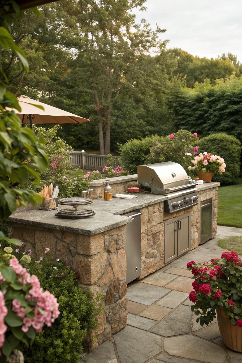 Fieldstone outdoor kitchens combine rustic charm with functionality.
