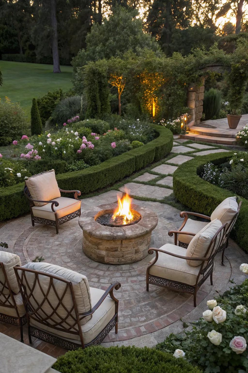 Classic charm with traditional materials and elegant seating around the fire pit.