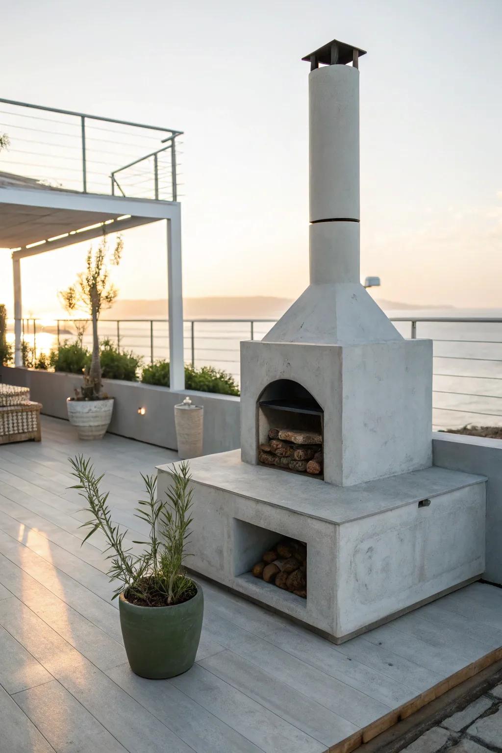A minimalist concrete fire pit adds modern elegance to outdoor spaces.