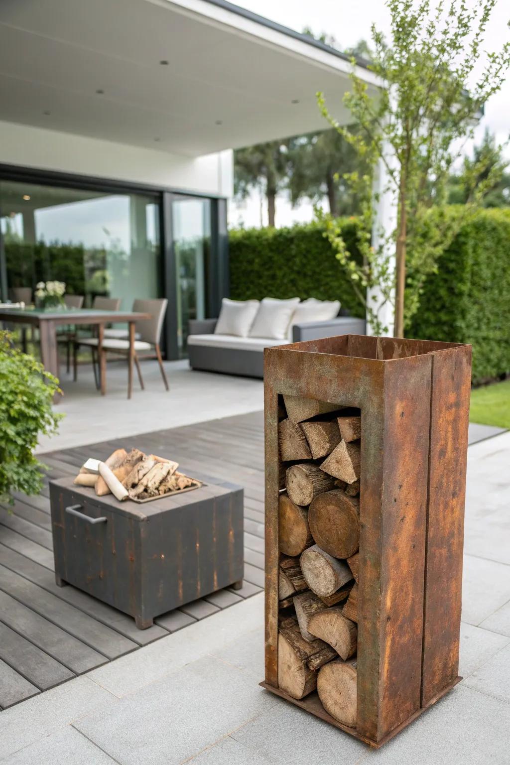 Unique firewood storage using a repurposed metal container.