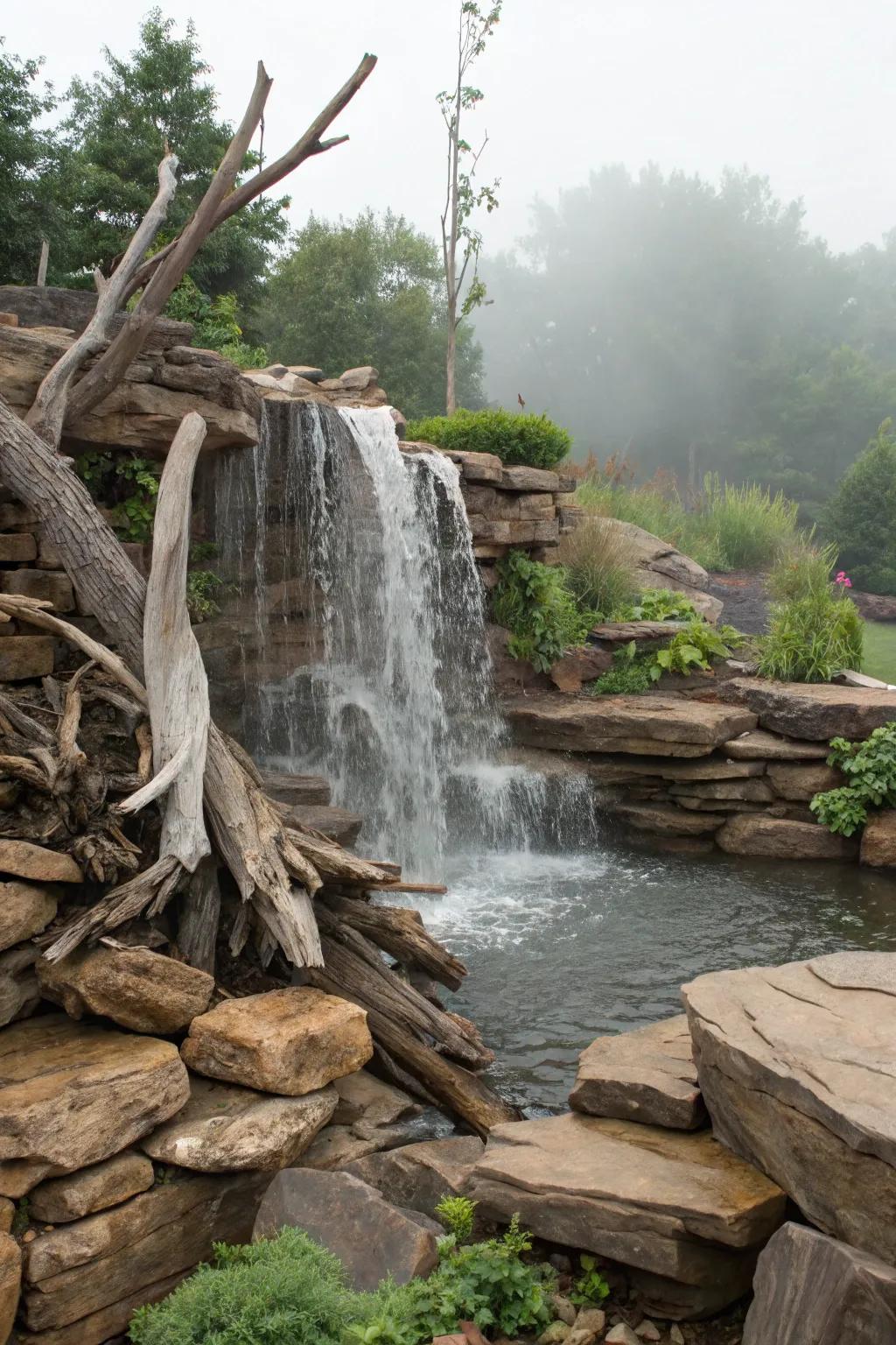 A flagstone waterfall enhanced with rustic driftwood decor.