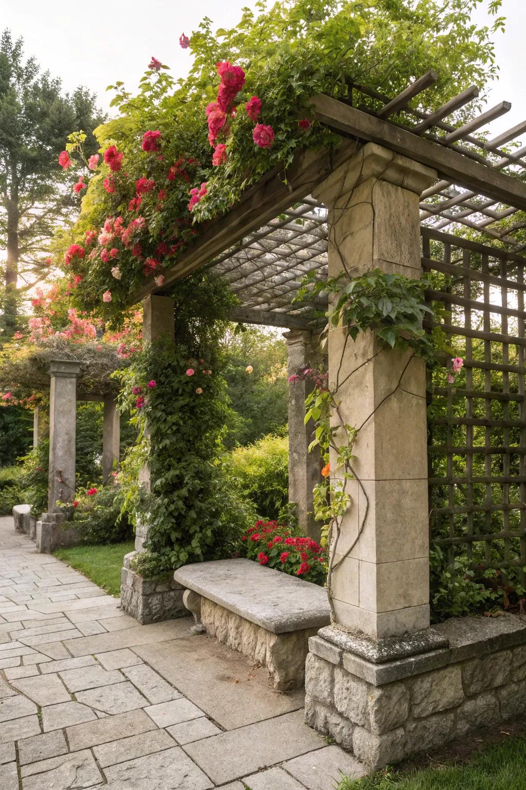 A flat rock base supporting a vibrant trellis in a garden.