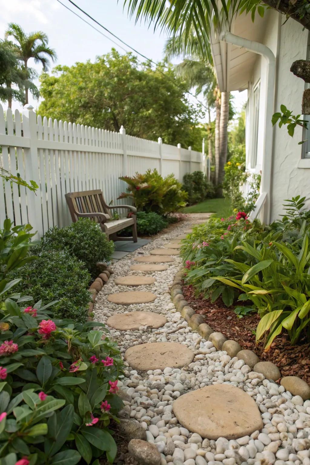 Decorative stones create clean, polished pathways in the garden.