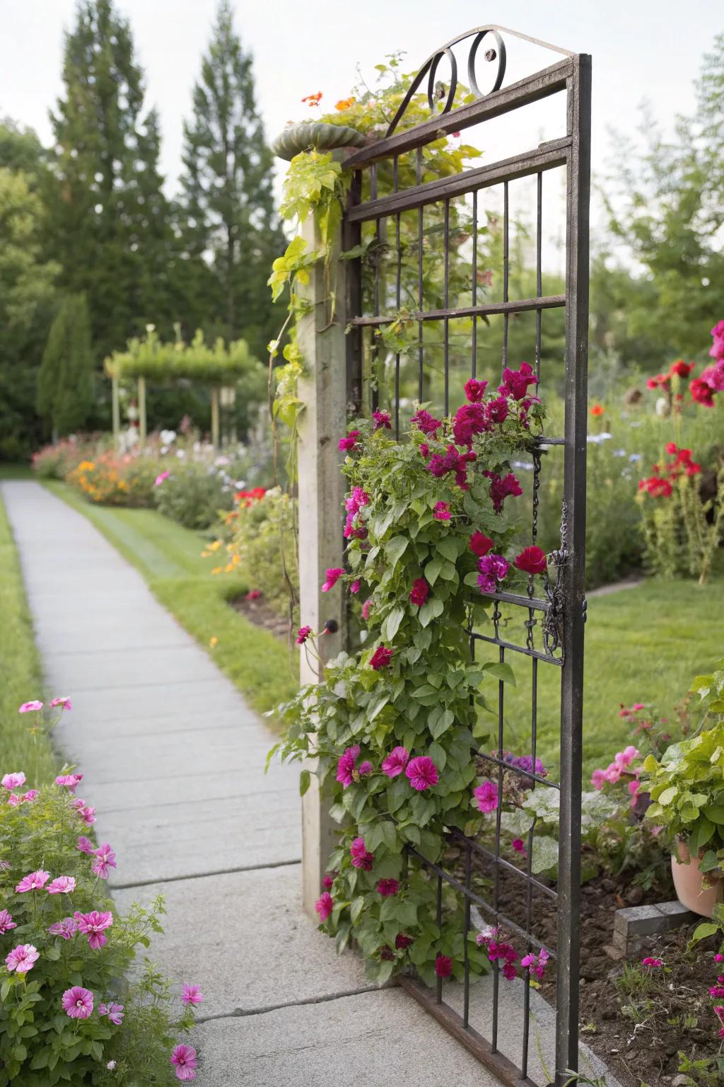 Upcycled baby gate trellises are sustainable and unique.