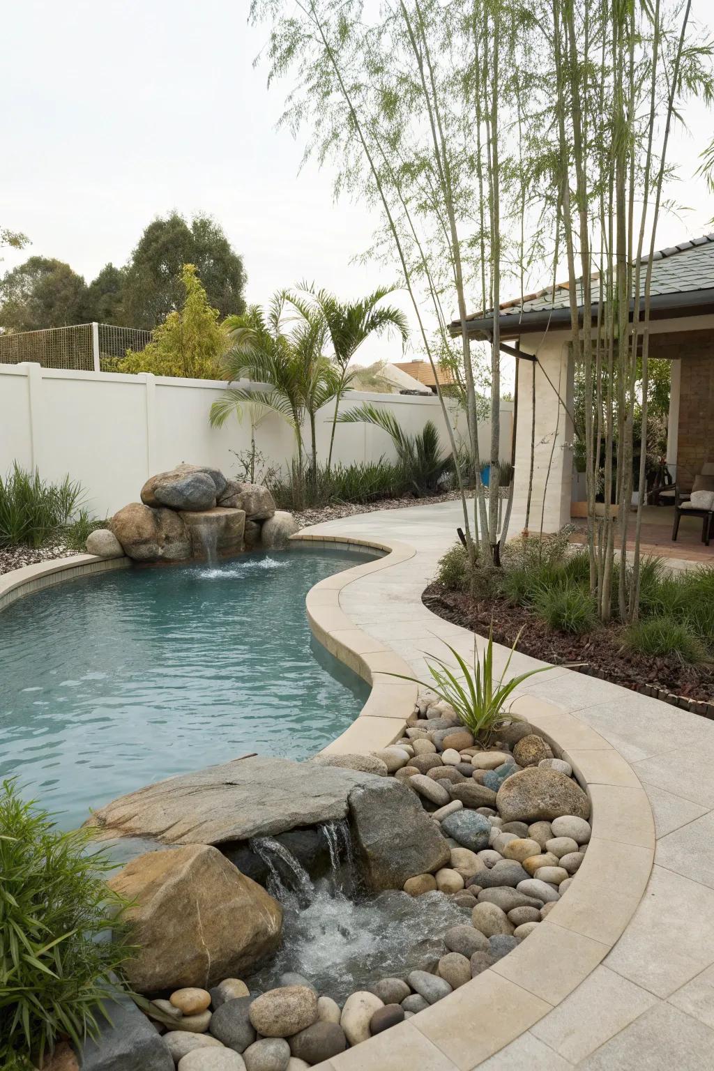 A zen corner provides tranquility by the pool.