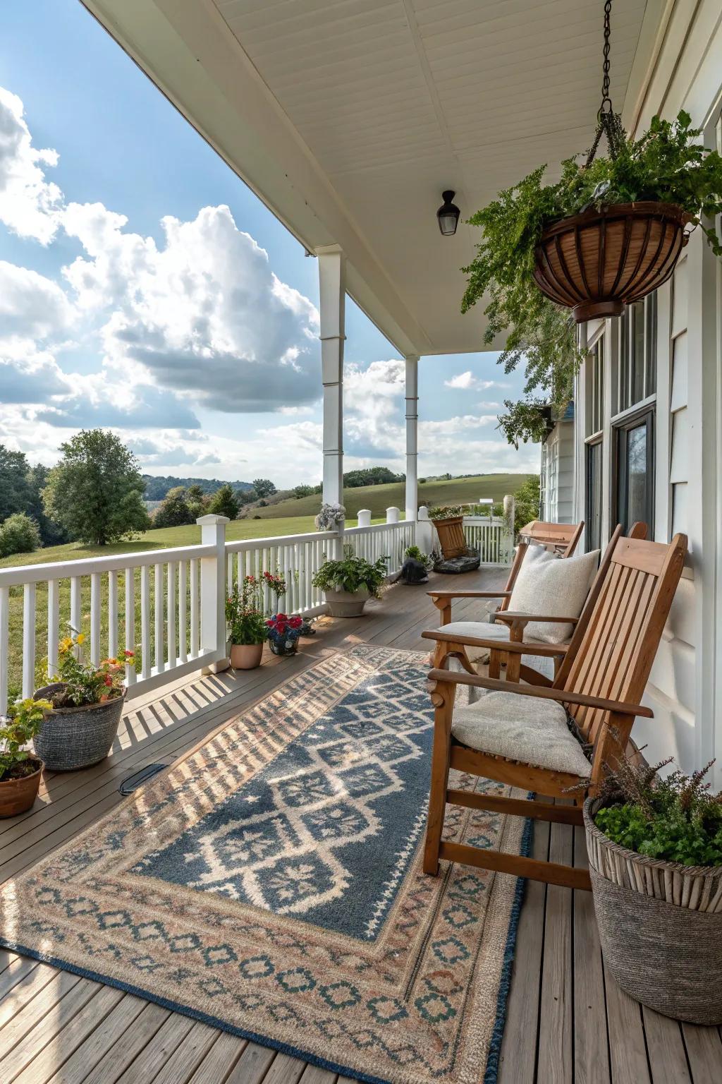 An outdoor rug ties the seating area together.