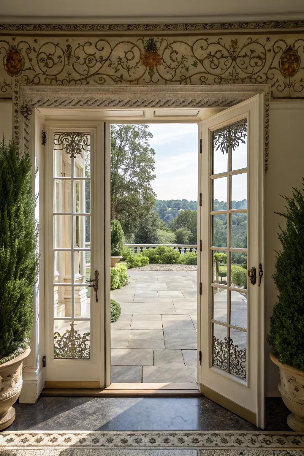 Decorative trim elevates the elegance of French doors.