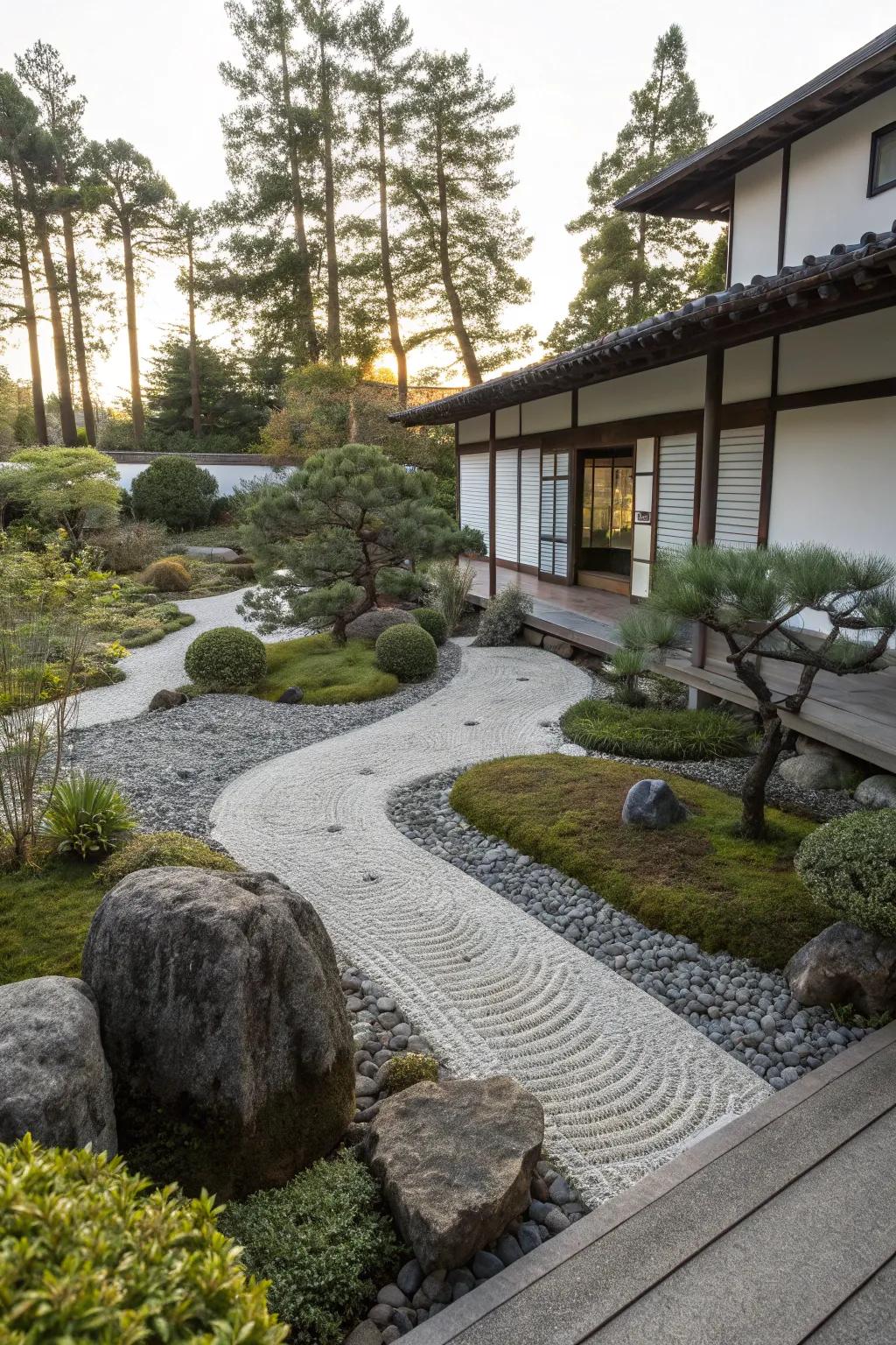 A serene Zen garden complemented by a French drain.