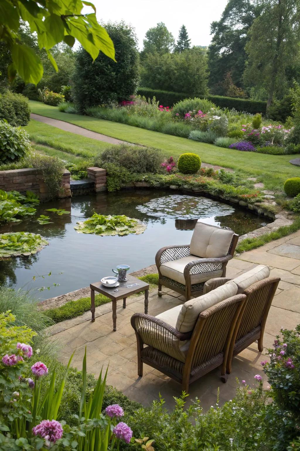 A seating area invites you to enjoy your pond's tranquility.