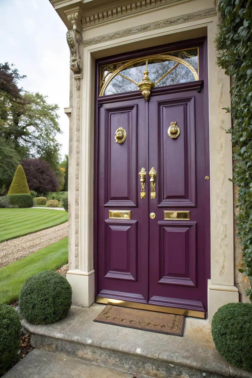 Luxurious plum front door with elegant gold accents.