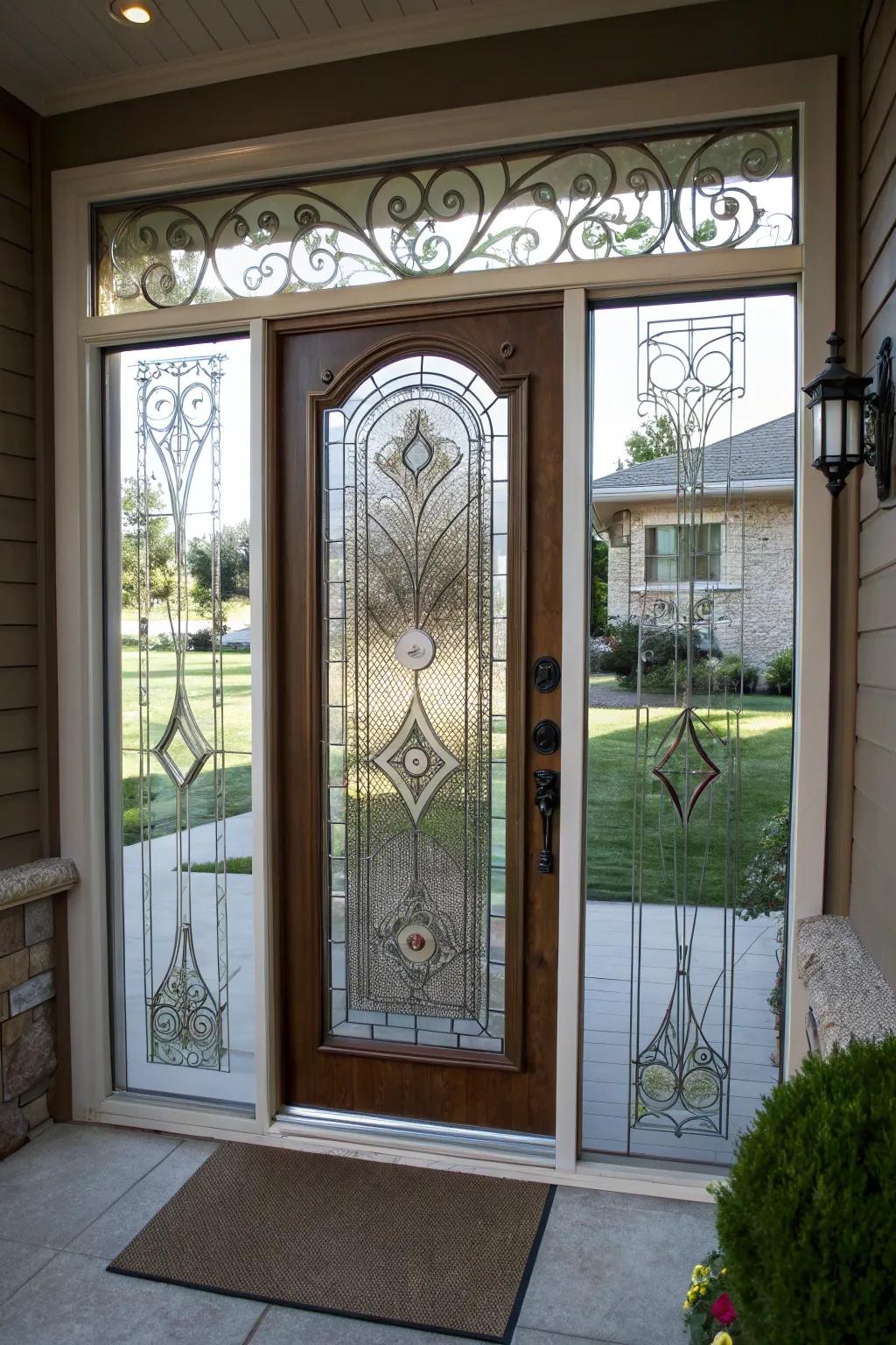 Layered glass designs add depth and intrigue to this front door.