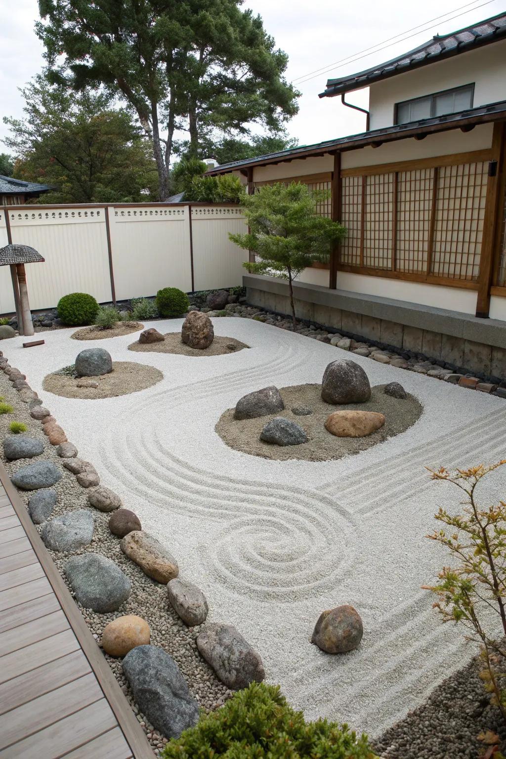A serene Zen garden adds tranquility to the front yard.