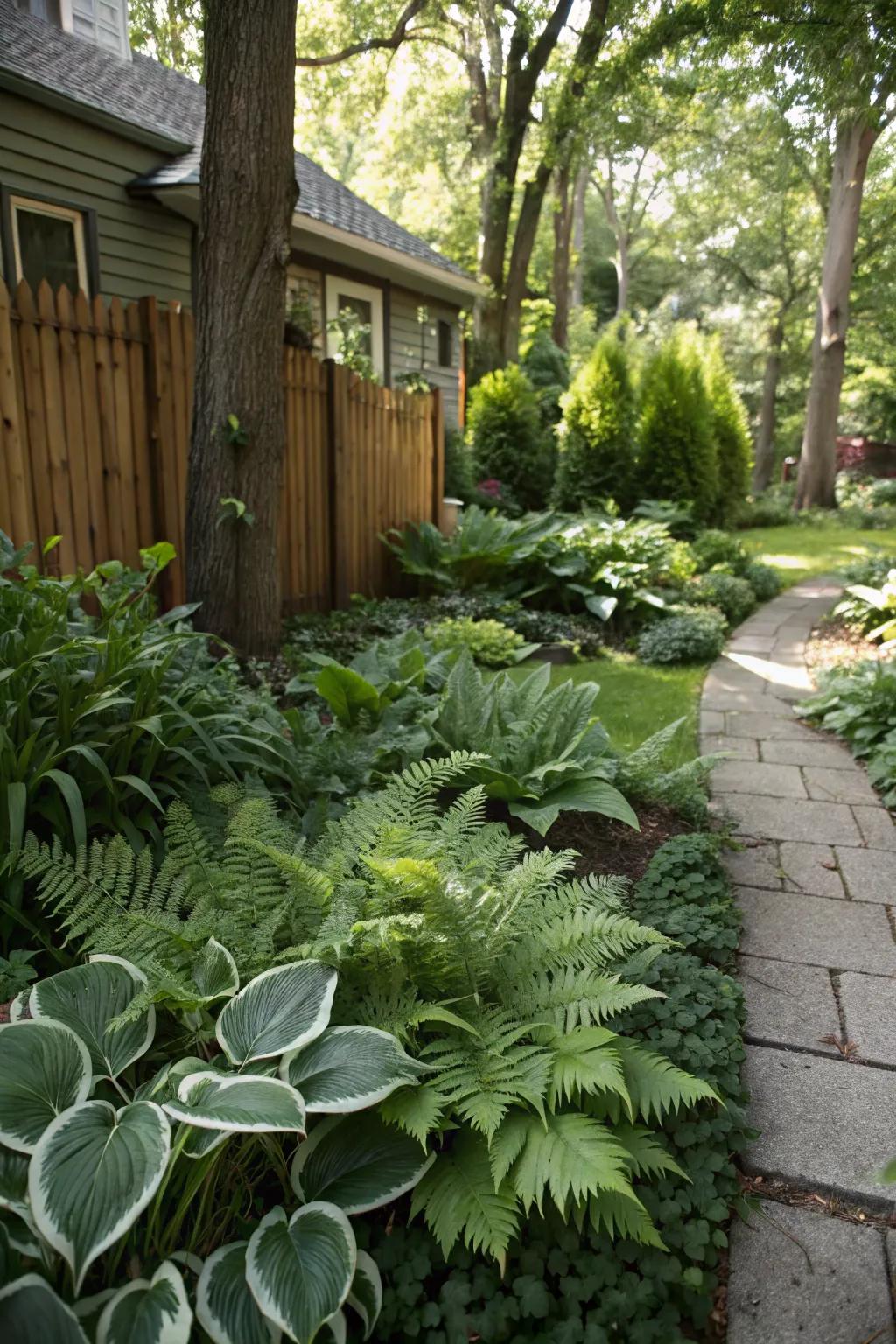 A serene fern and hosta garden in the shade.