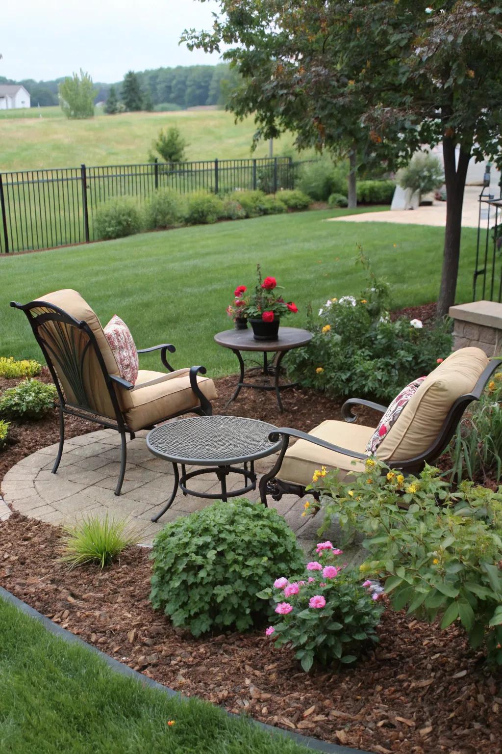 Seating areas offer cozy retreats amidst garden landscapes.