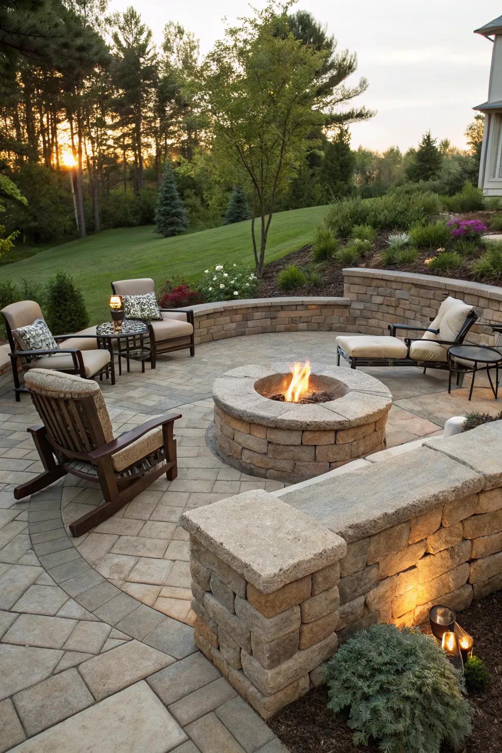 A fire pit turns the wall into a cozy gathering spot.