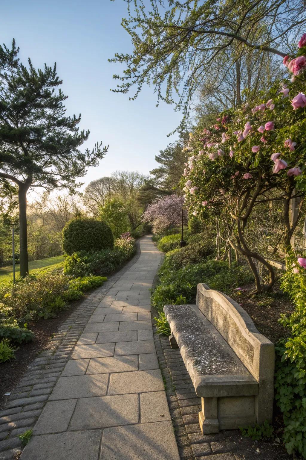 Pathway with inviting seating area for relaxation.