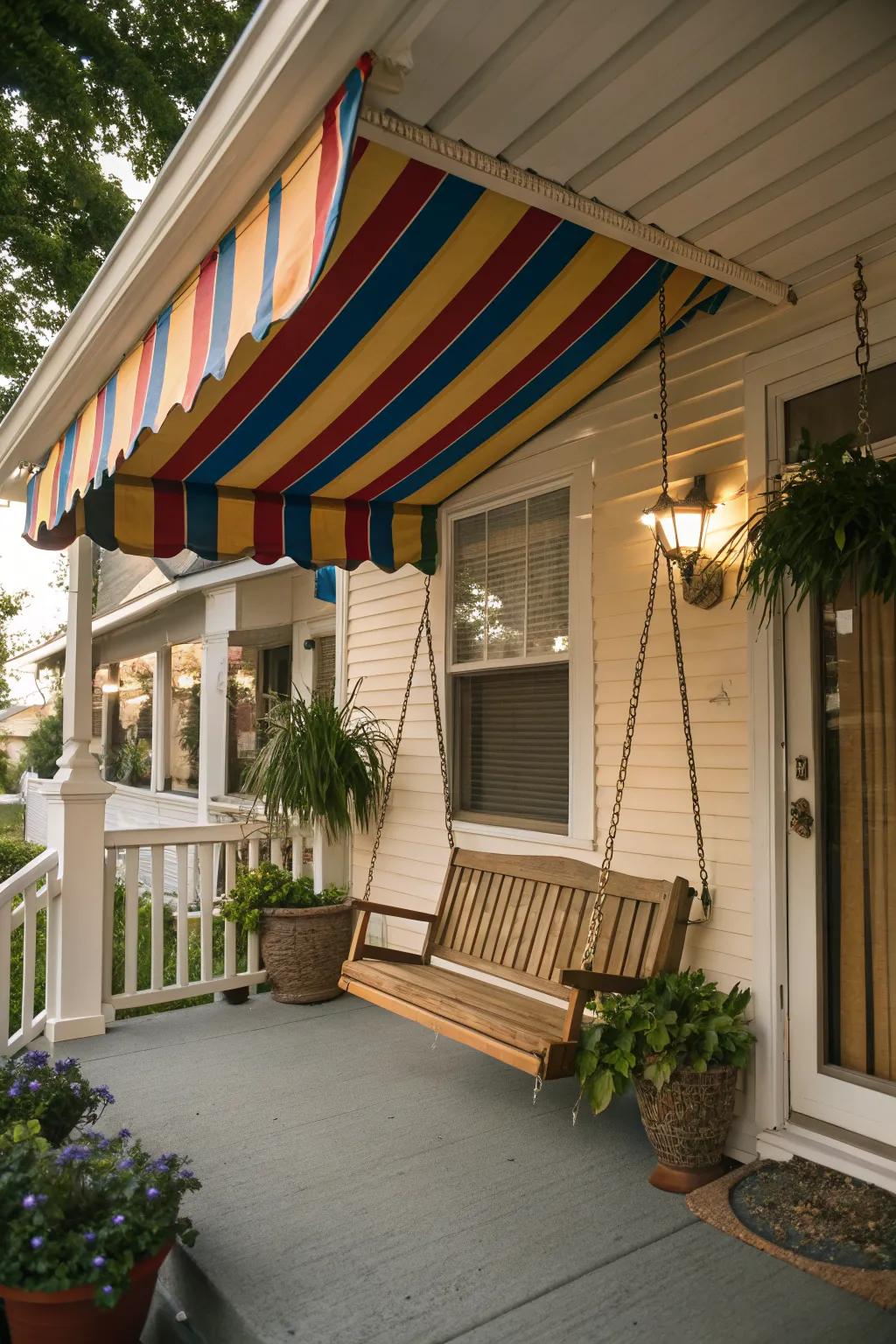 A vibrant awning adds shade and style to your porch.