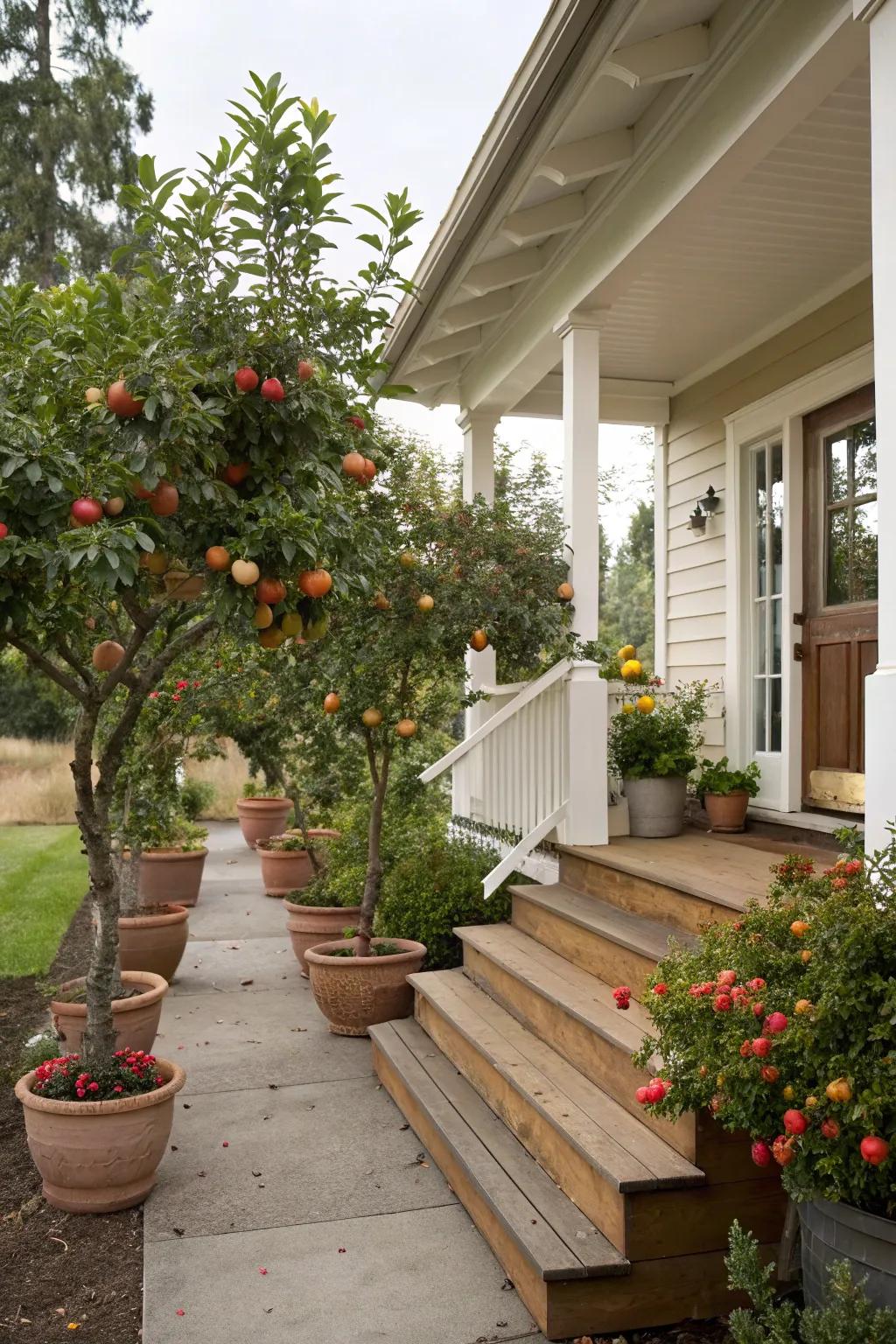 A front porch with potted fruit trees creating a mini orchard.