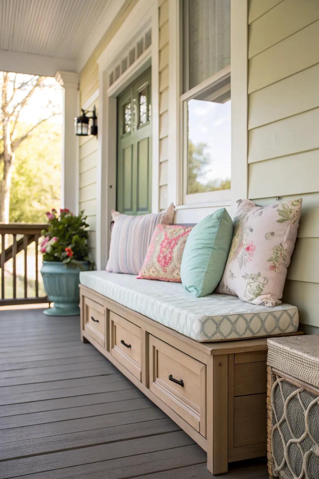 Storage solutions like benches keep your porch tidy and functional.