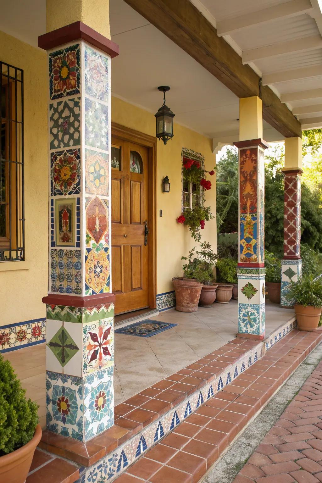 Colorful tile accents making porch posts pop with personality.