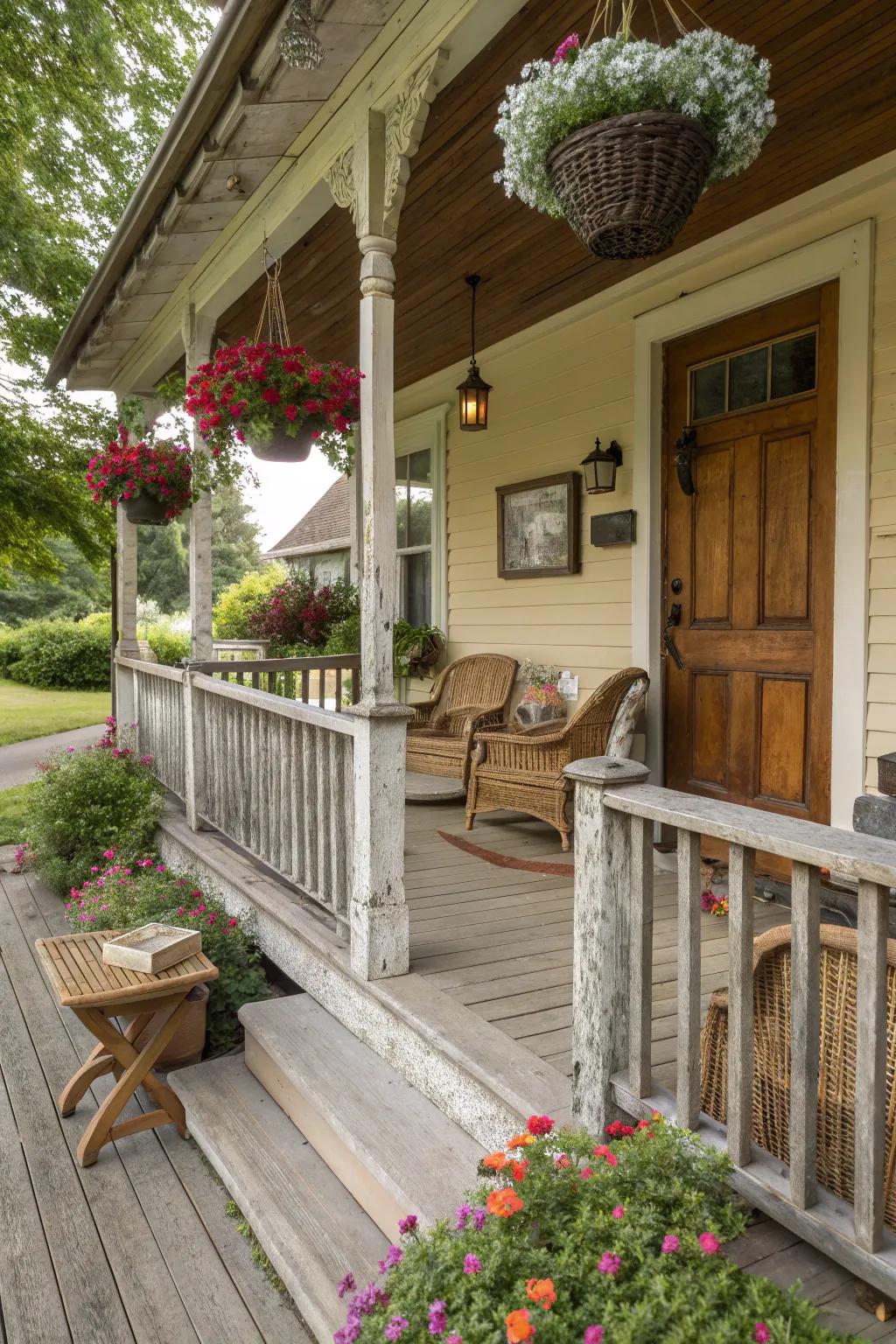 Weathered wood railings provide a vintage, farmhouse feel.