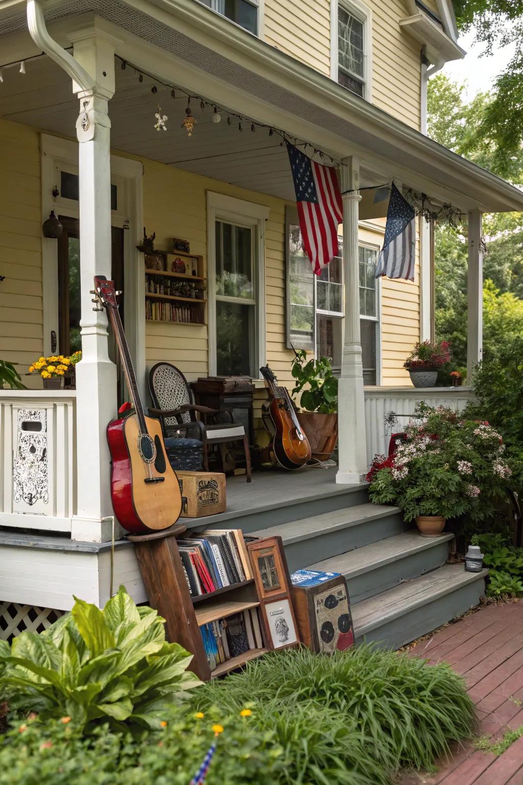 A porch personalized with themed decor that showcases individual interests.