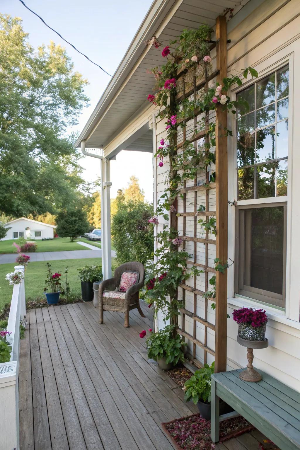 A unique DIY upcycled trellis adding personal flair to the porch.