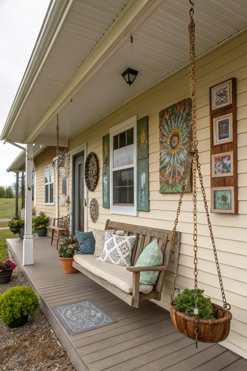 Recycled art brings eco-friendly elegance to the porch.