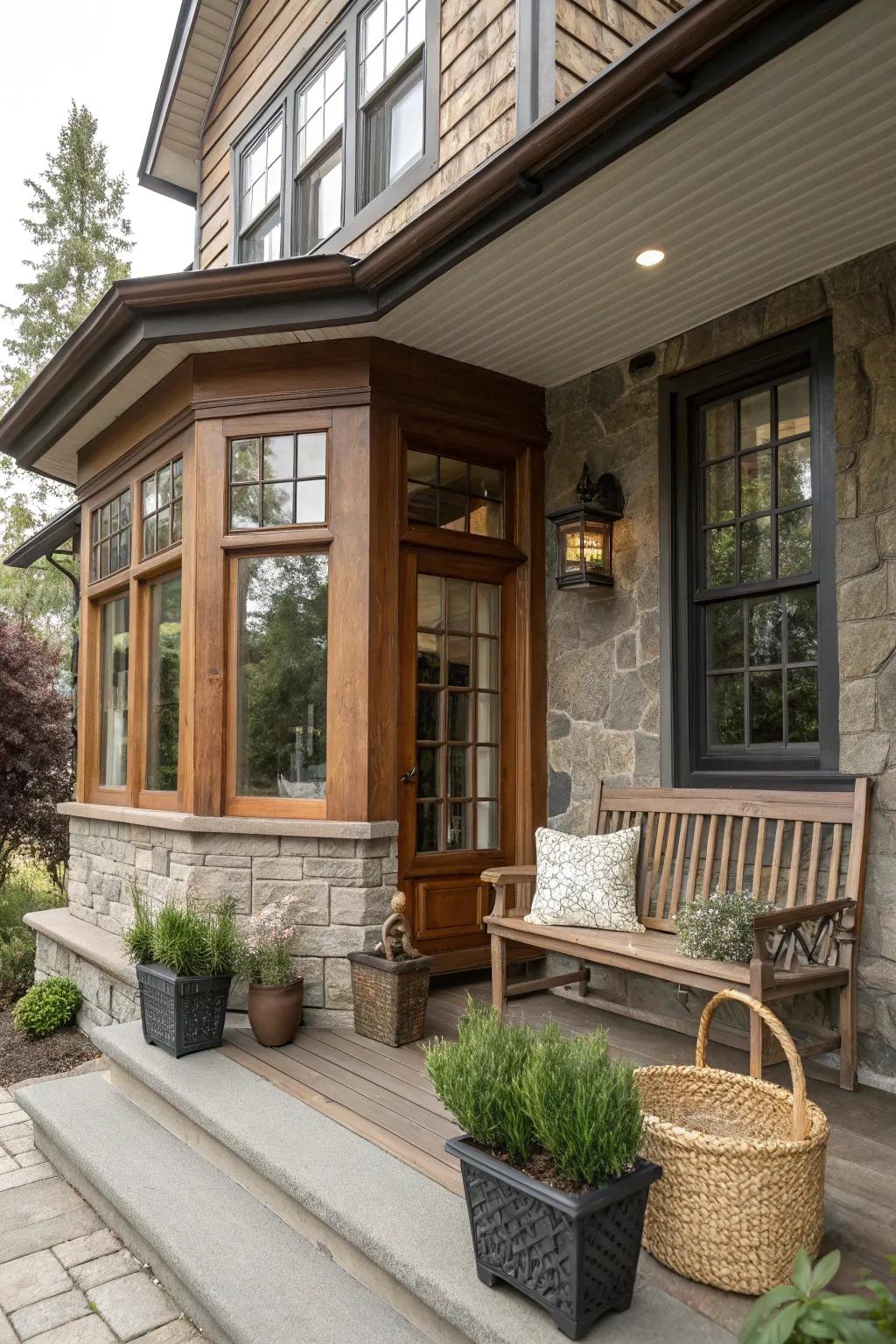 Contrasting textures create a visually interesting front porch with a bay window.