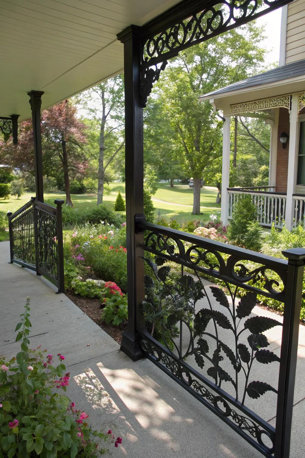 Nature-inspired designs add organic beauty to black railings.