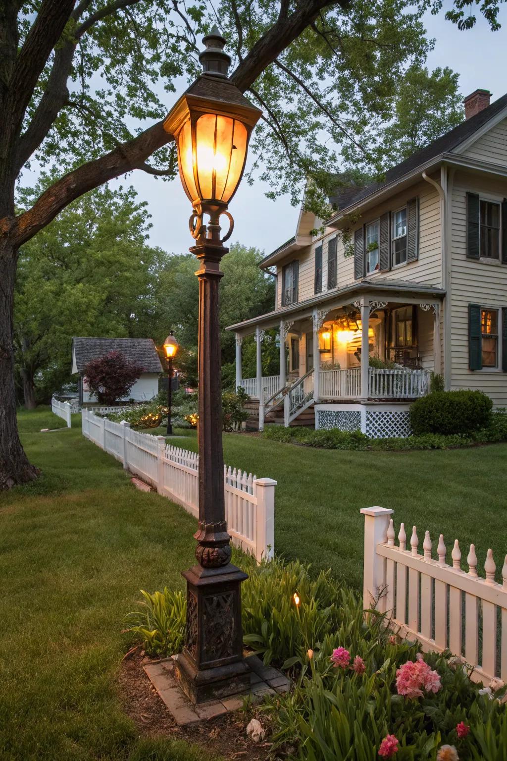 Nostalgic vintage gaslight-style post adding charm to a historic driveway.