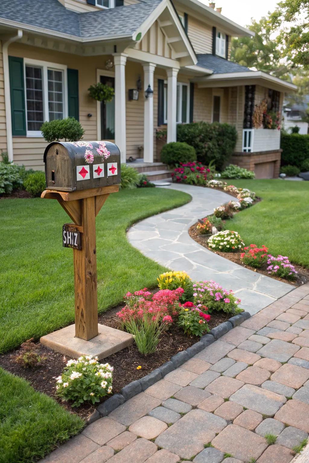 A unique mailbox adds whimsy and function to the entrance.
