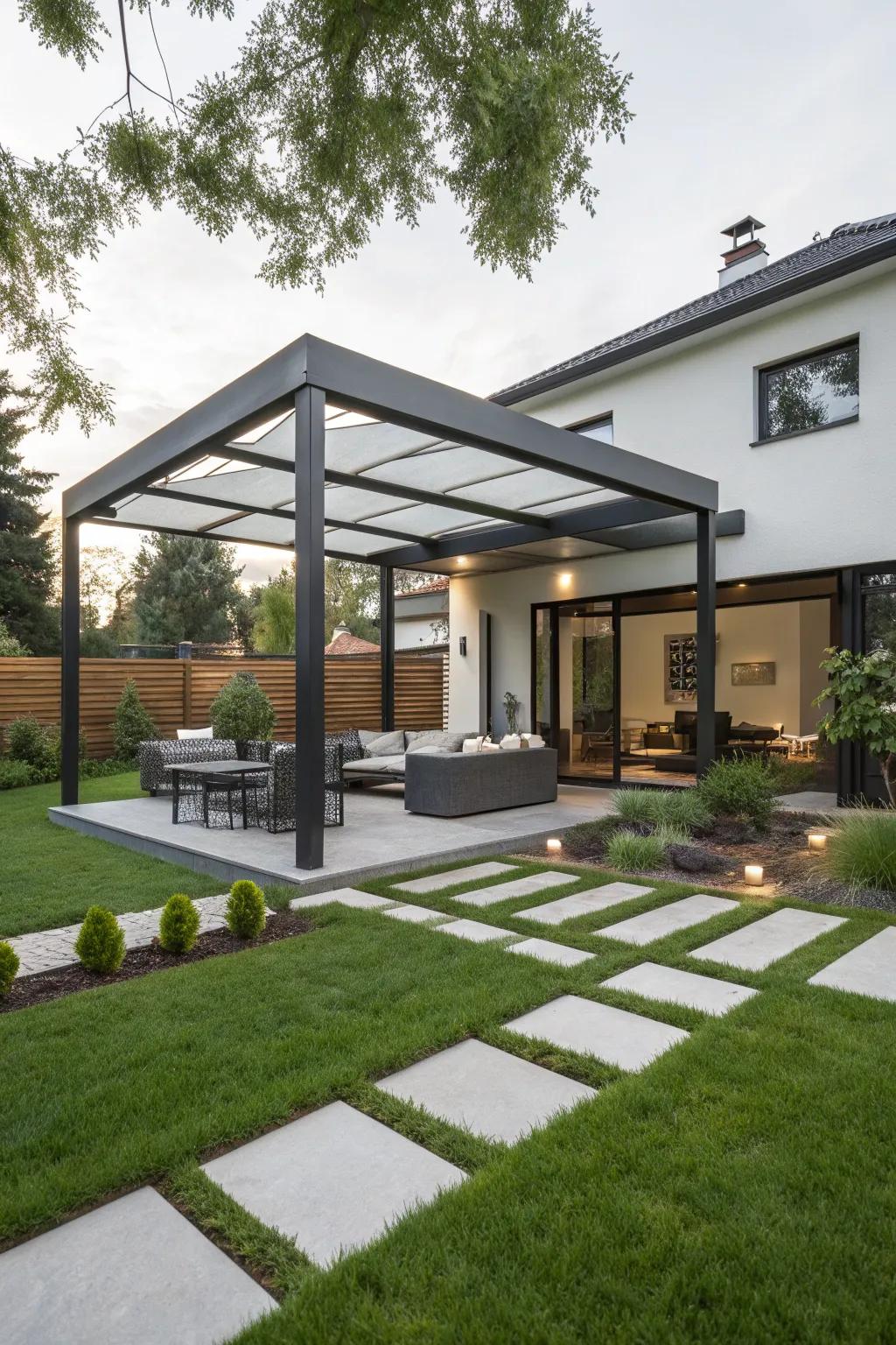 A geometric pergola gazebo adds architectural intrigue.