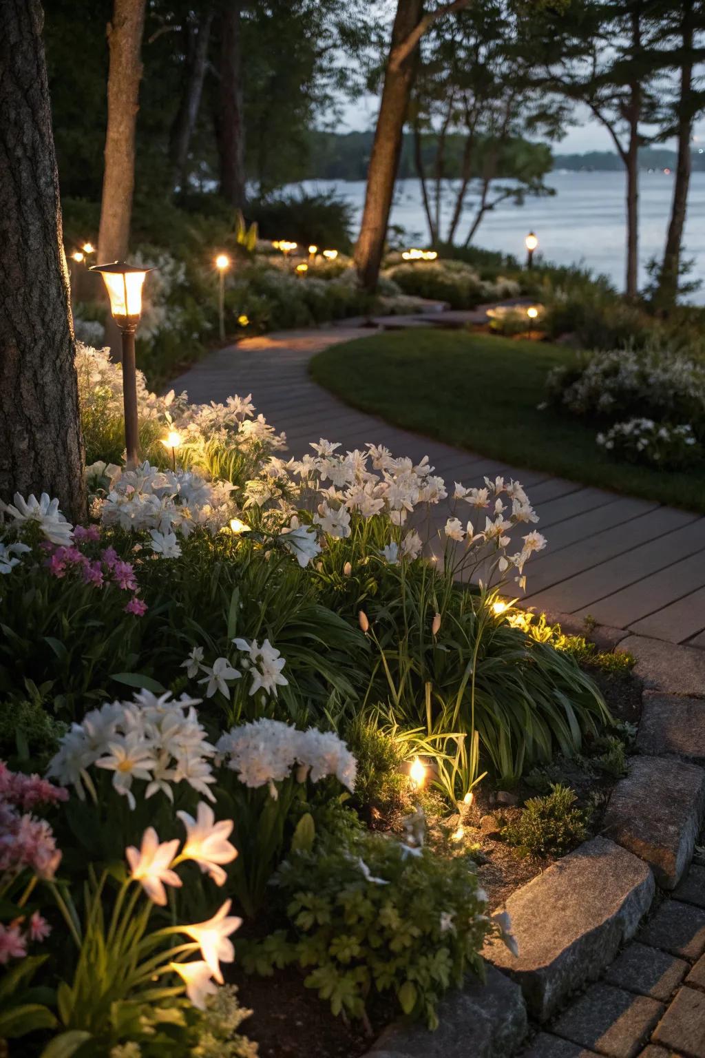 An island flower bed featuring white and pale blooms for a magical moonlit garden effect.