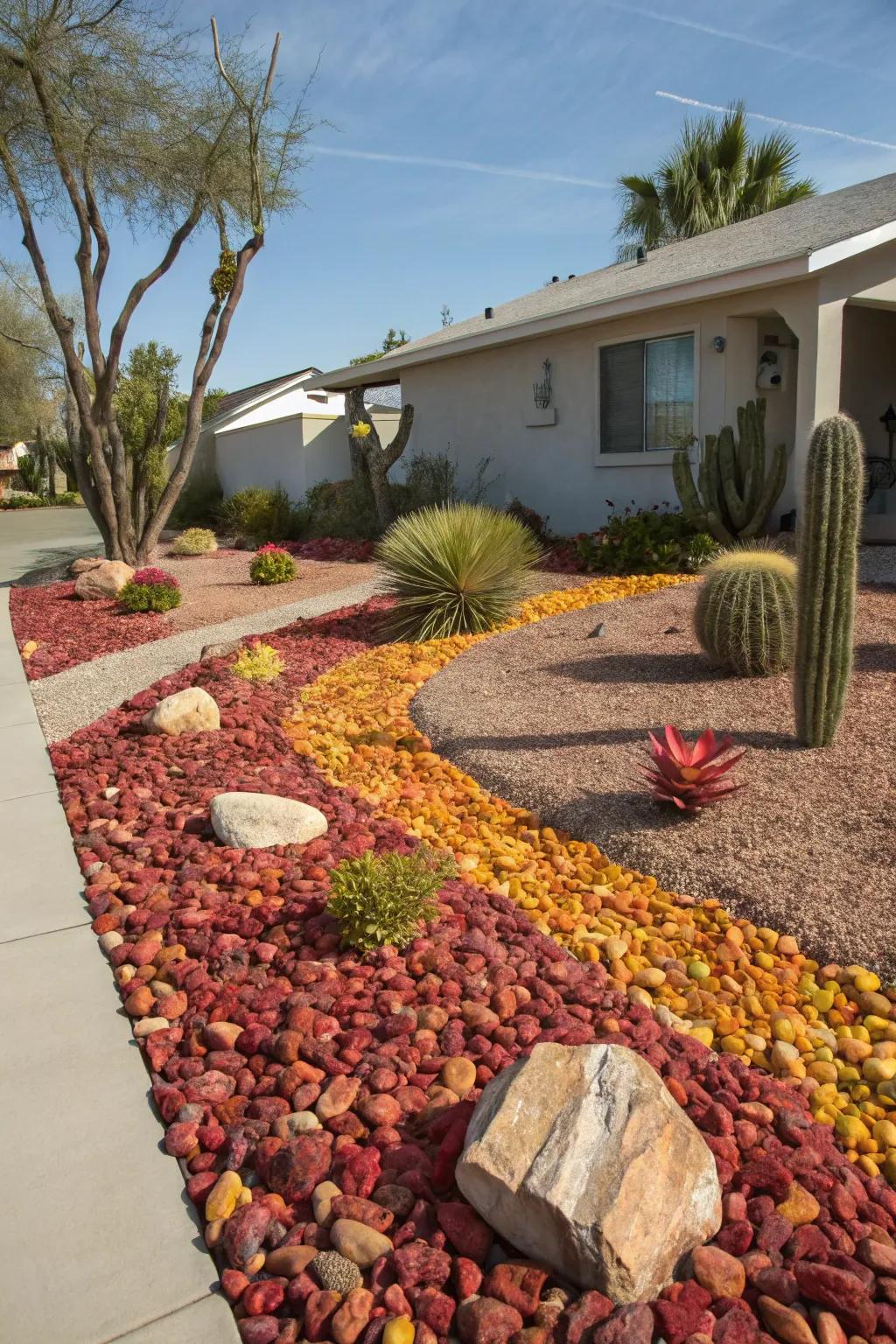 Colorful stone mulch adds vibrancy and helps conserve water.