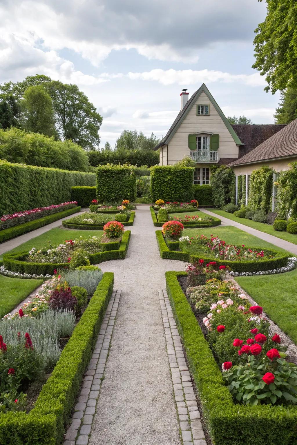 A front yard displaying a harmonious and symmetrical design.