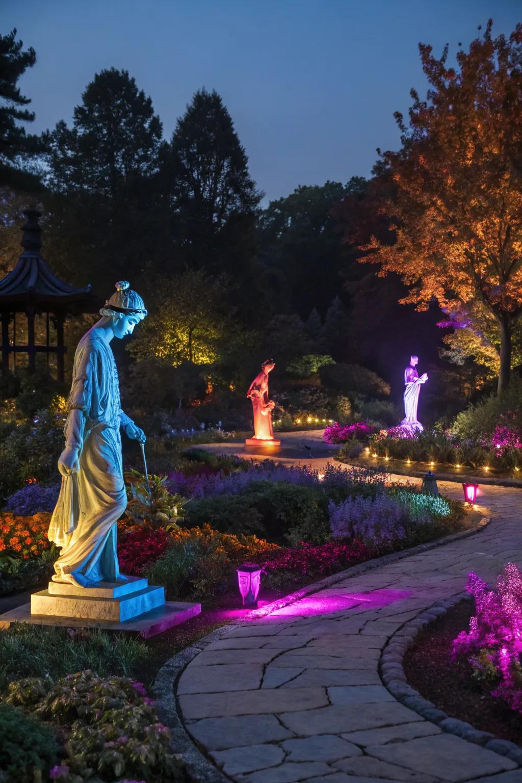 Interactive lighting statues creating a night-time spectacle.