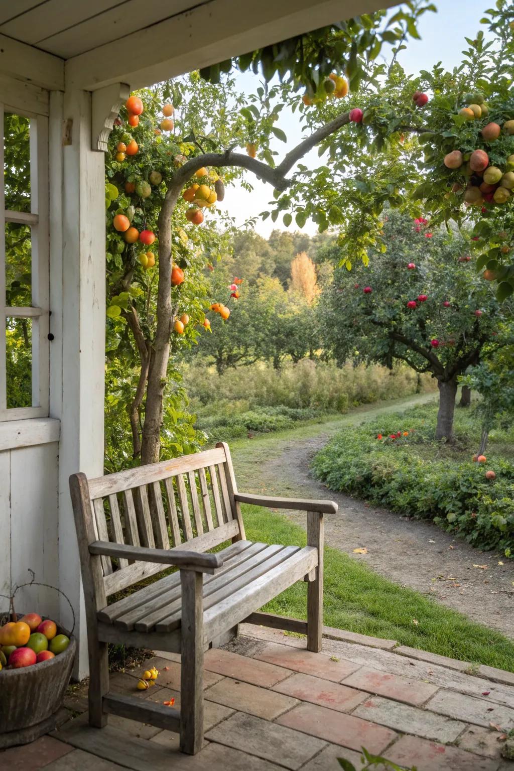 A peaceful garden bench inviting you to relax and enjoy the view.