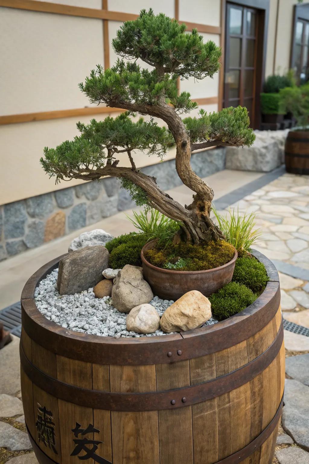 A tranquil zen garden in a whiskey barrel.