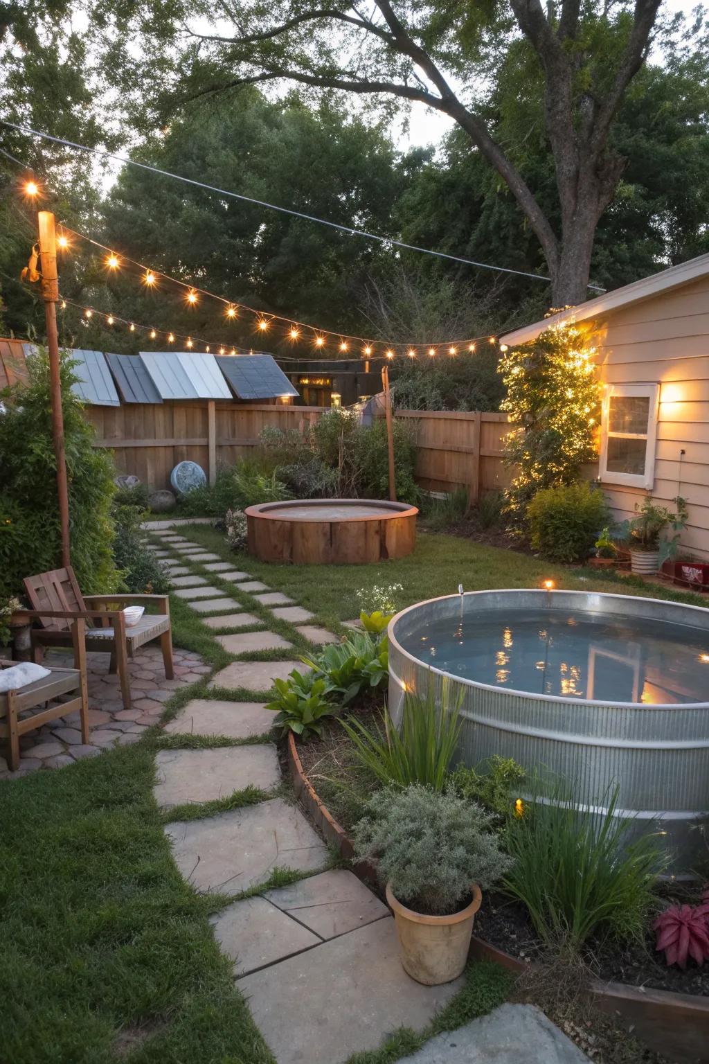 An eco-friendly galvanized pool surrounded by sustainable elements.