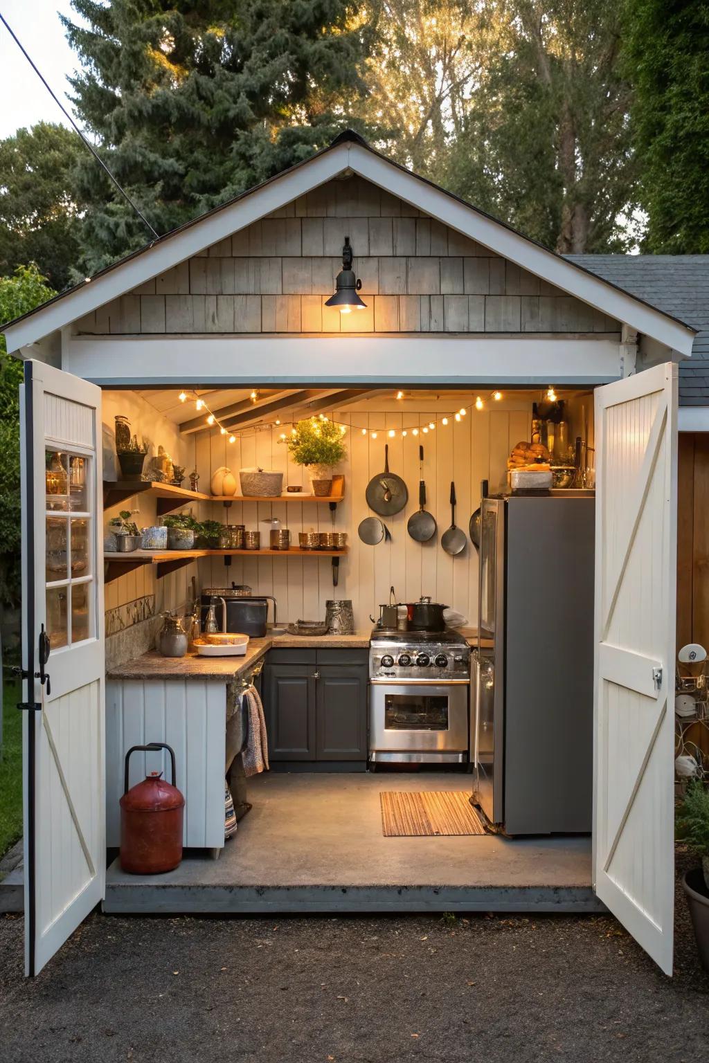A culinary workshop inside a garage shed.
