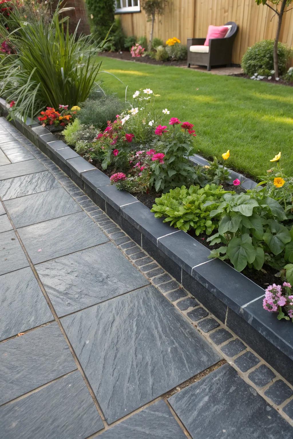 Slate tiles offer a sleek, sophisticated border.