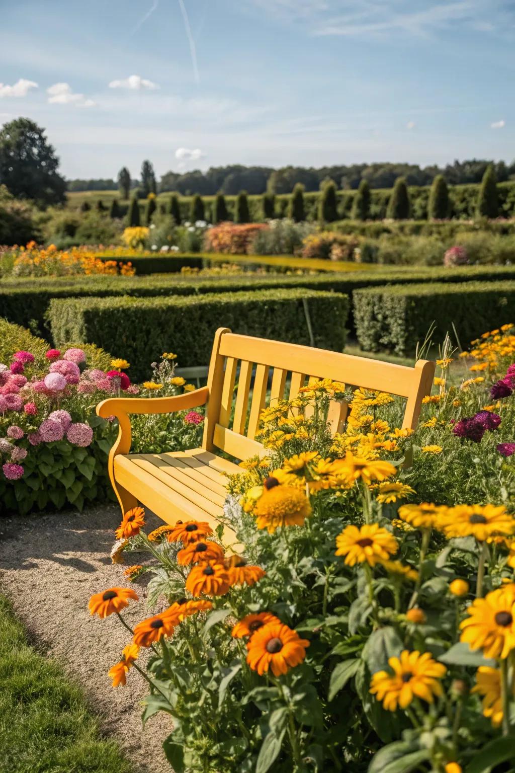 A mustard bench brings a sunny and cheerful vibe to the garden.