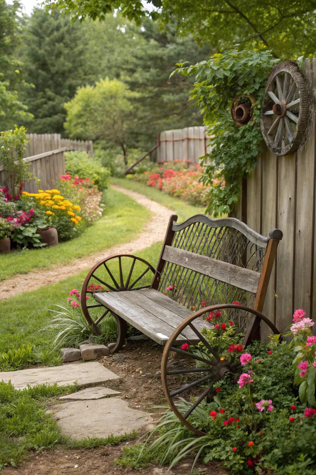 A whimsical wagon wheel bench, charming and nostalgic.