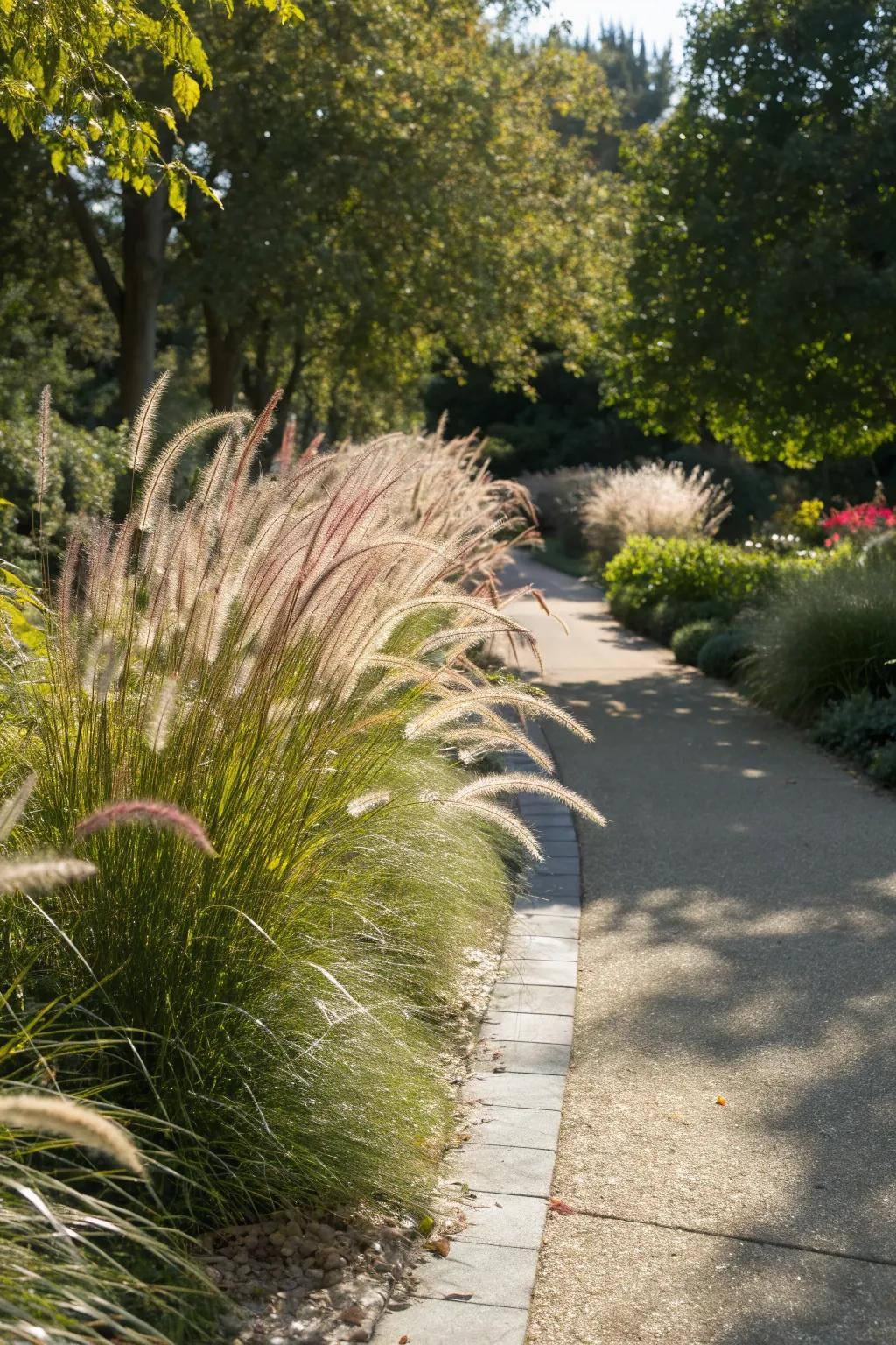 Fountain Grass adding drama to a sunny garden border.