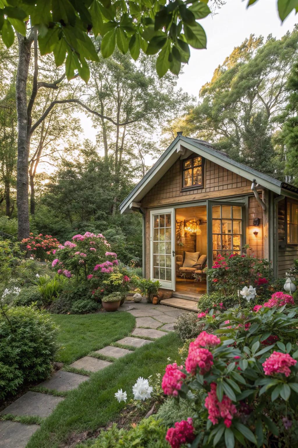 A garden studio offers a personal retreat within this lush bungalow setting.