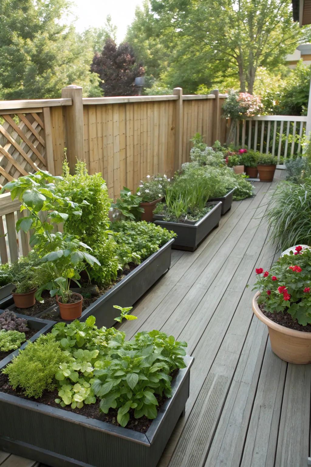 A deck enriched with planter boxes for homegrown herbs.