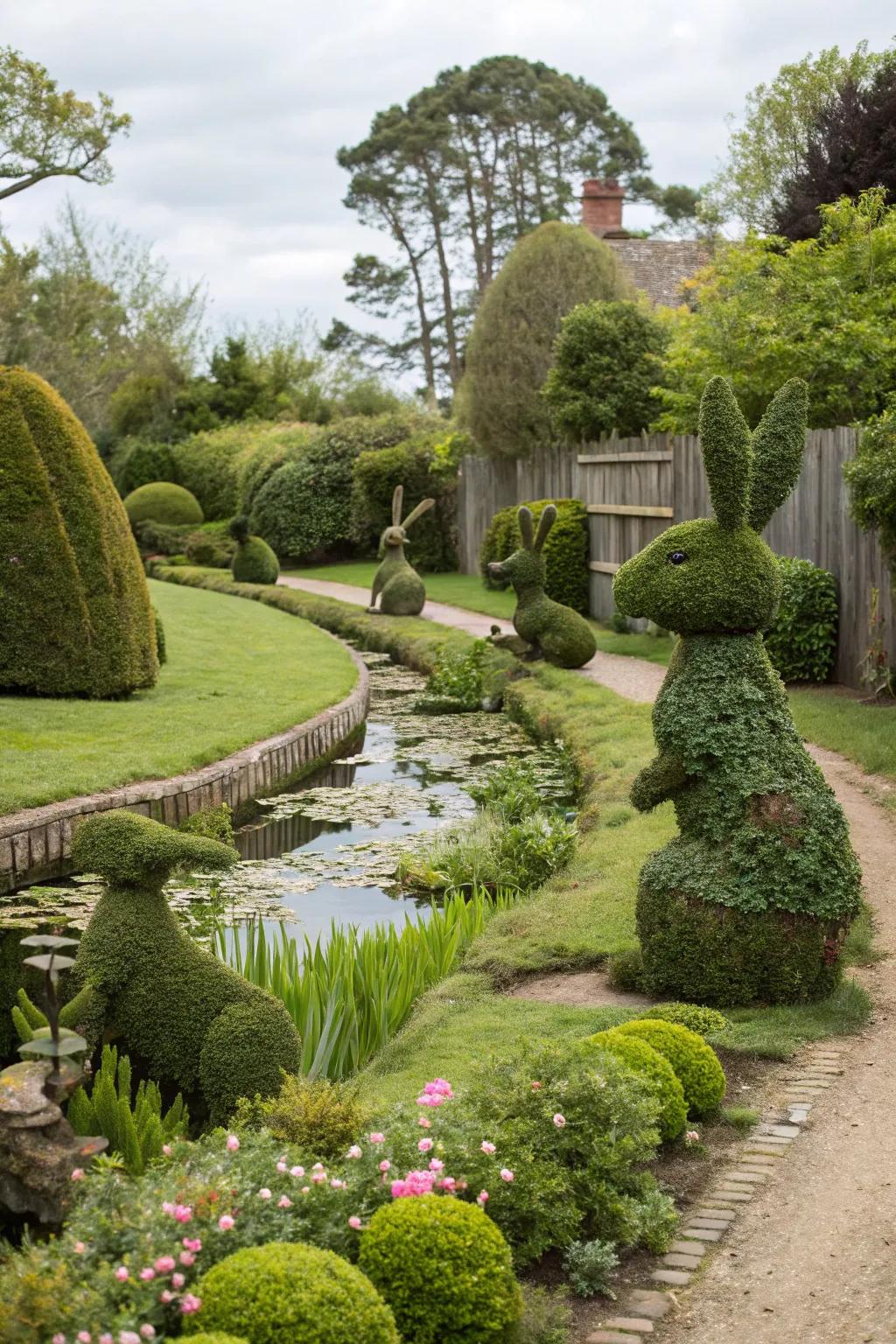 Surprising topiaries bring an artistic and whimsical element to the garden.
